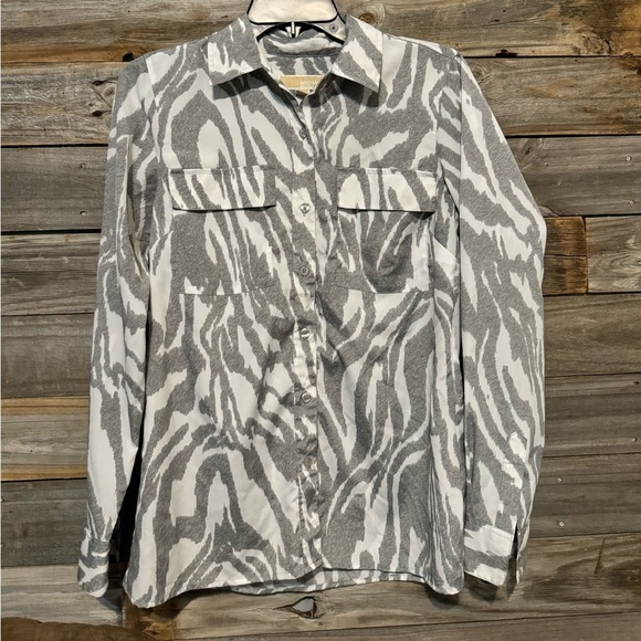 MK Michael Kors Gray White zebra print long sleeve button front top - Picture 5 of 6